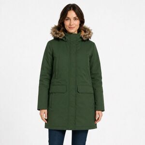 Lands’ End Faux Fur Hooded Down Winter Long Parka Coat Women M Green 600 FillNEW
